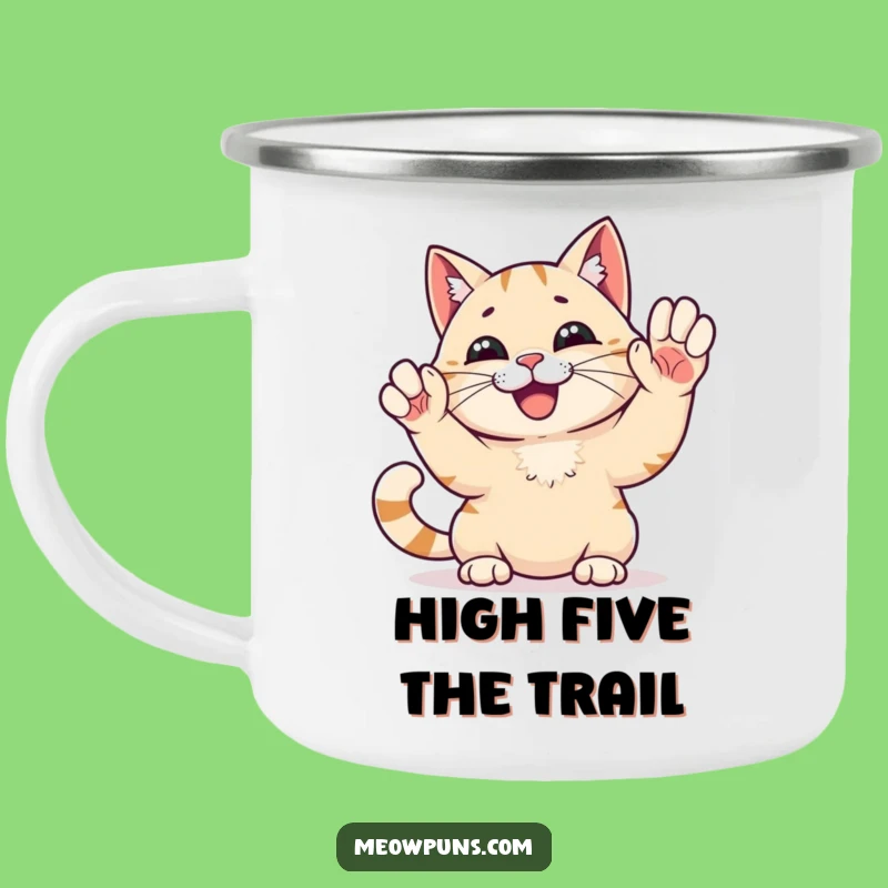 Funny High Five Cat Camping Mug: Adventure Fuelled by This Celebratory Feline!