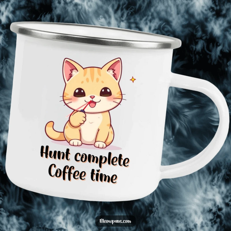 Funny camping mug with a cat holding a laser pointer, symbolizing triumph and funny outdoor adventures.