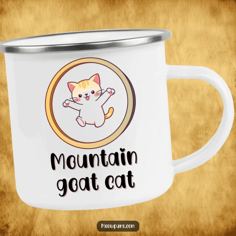 Funny camping mug with a cat leaping through an 'M' hoop, bringing humorous feline acrobatics to outdoor adventures.