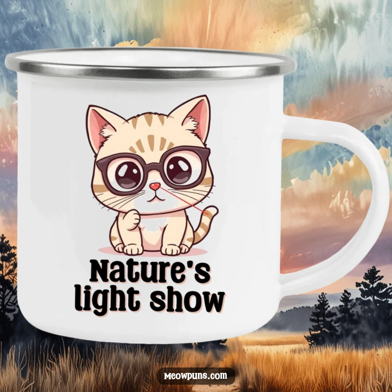 Funny cat camping mug featuring a cute cat with spectacles, focused on a laser pointer dot, perfect for outdoor beverages.