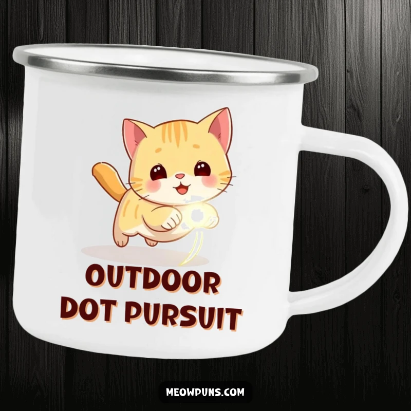 Funny camping mug showing a cat chasing a laser dot, great for outdoor use and active humor.