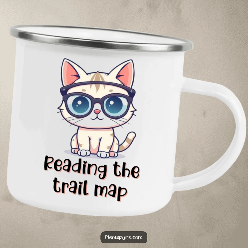 Funny camping mug showing a cute cat character wearing oversized reading glasses, bringing a touch of scholarly charm to outdoor excursions.