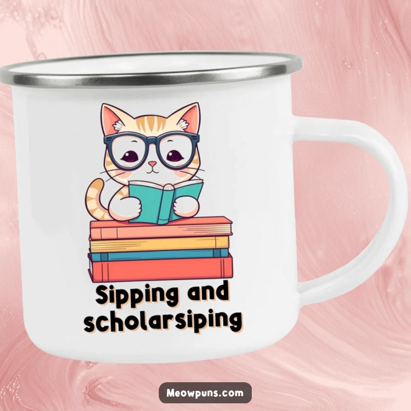 Funny camping mug featuring a wise cat with reading glasses on books, ideal for outdoor adventures and book lovers.