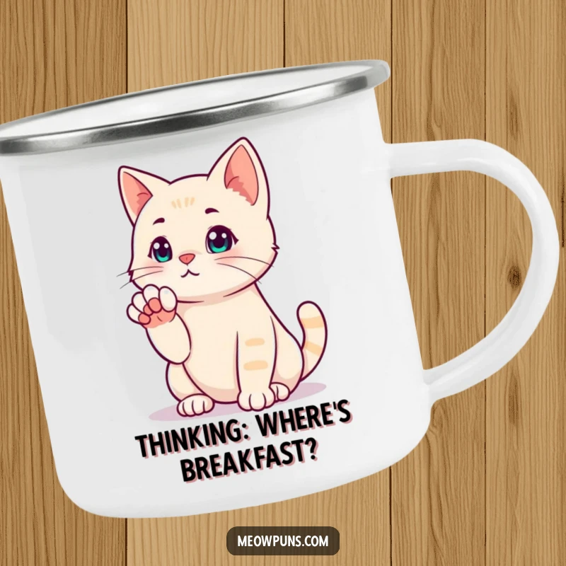 Funny camping mug with a cat in a thinking pose, perfect for pondering life's mysteries outdoors.