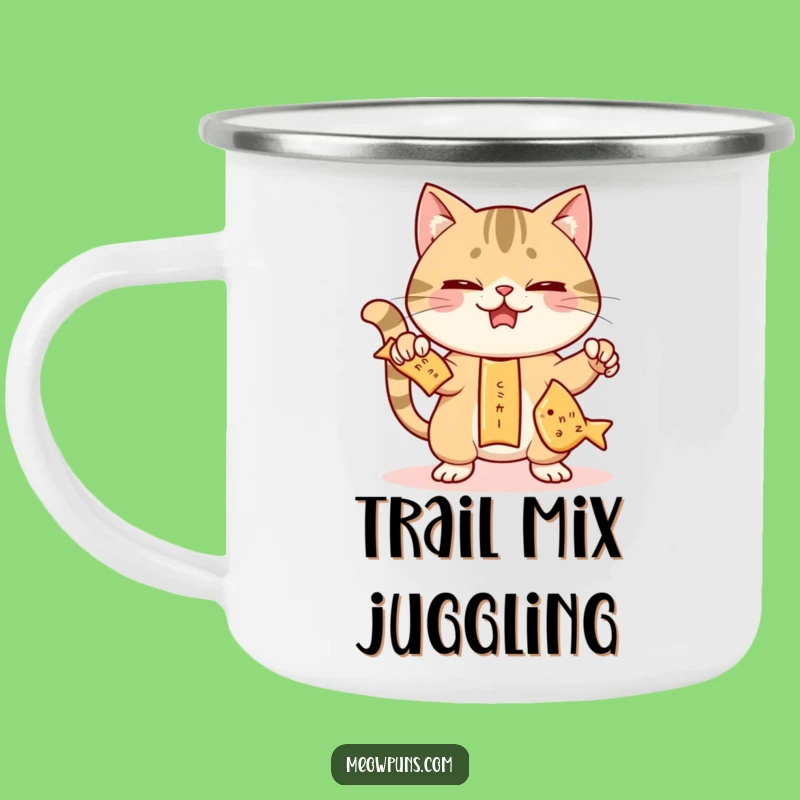 Funny Juggling Cat Camping Mug: Sip & Snack with Hilarious Feline Style