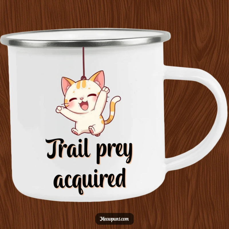 Funny Cat Pounce Camping Mug, depicting a cat leaping at a string, perfect for outdoor enthusiasts who love a bit of fun.