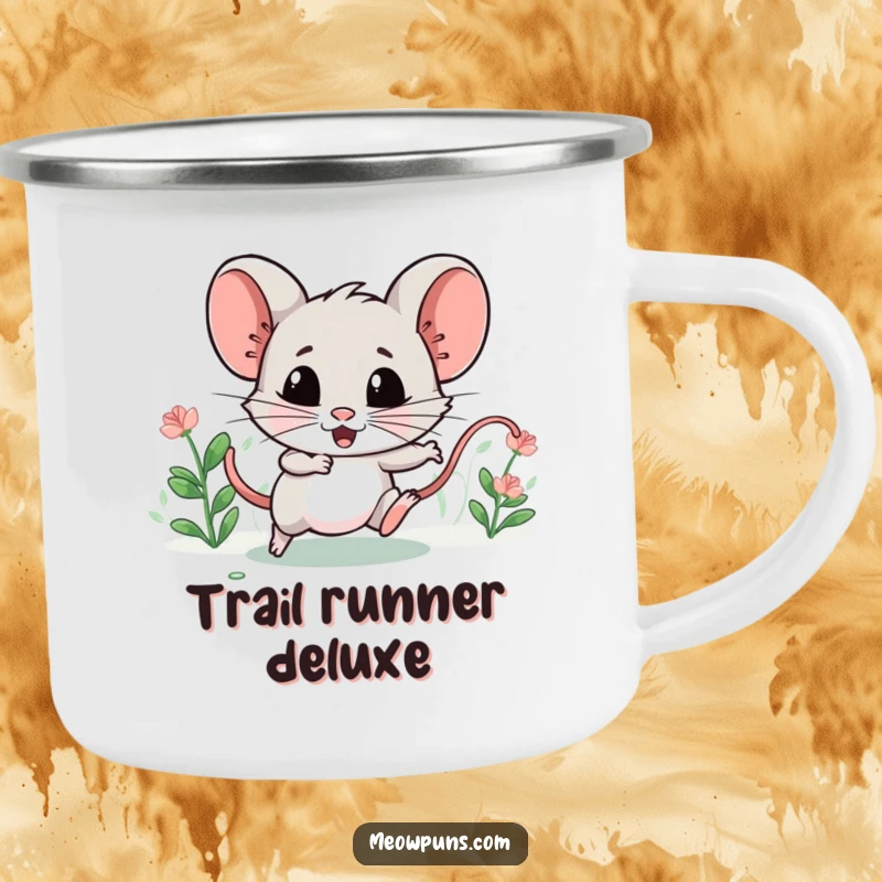 Funny camping mug with a mischievous catnip mouse character, leading a tiny chase, built for outdoor fun.