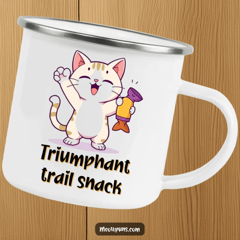 Funny cat camping mug featuring a cute cat in a triumphant pose after catching a toy, for outdoor use.