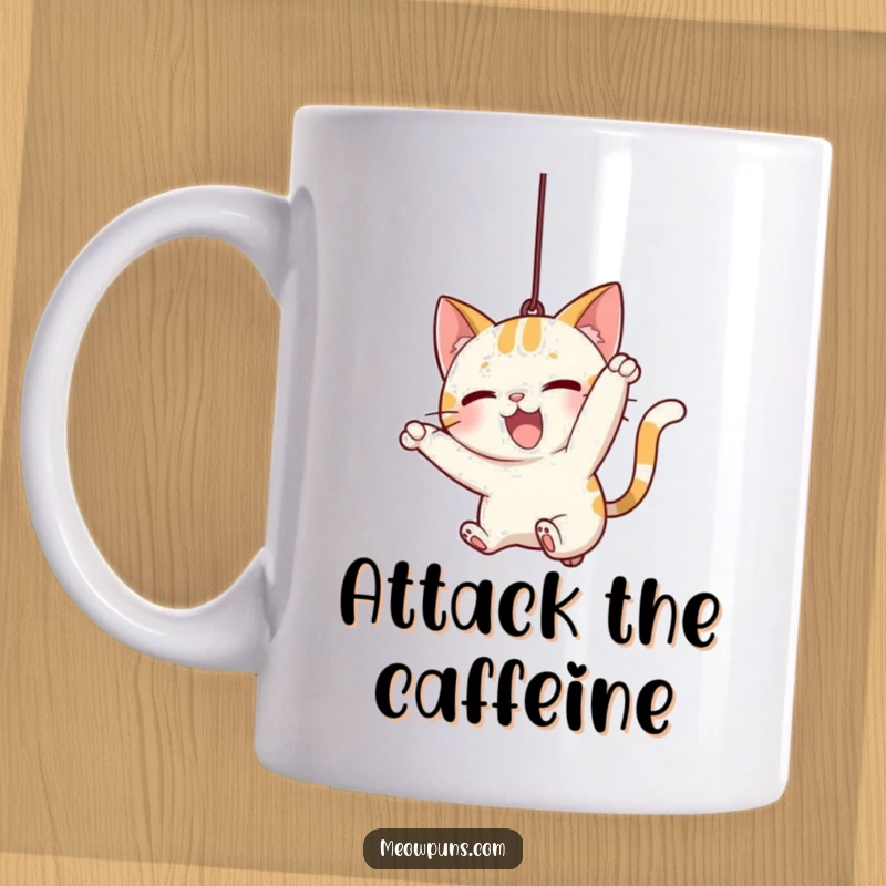 Funny Cat Pounce Mug, depicting a cat mid-leap, excitedly attacking a dangling string, full of playful energy.