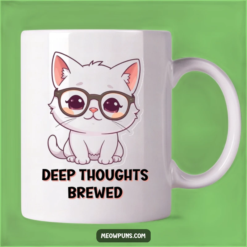 Funny Cat Glasses Mug: White Cat Thinking, Intellectual Feline Humorous Gift
