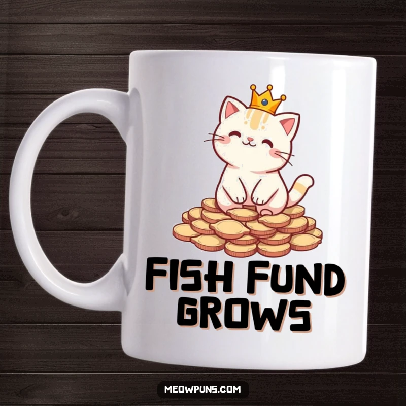 Funny mug showing a cat in a tiny crown sitting atop a pile of fish-shaped coins, a symbol of quirky feline wealth.