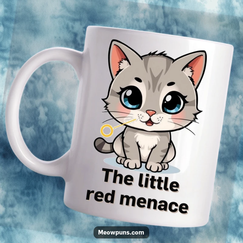 Funny cat mug with wide, amazed eyes, wildly chasing a red laser dot in a dizzying, energetic pattern, symbolizing pure feline focus.