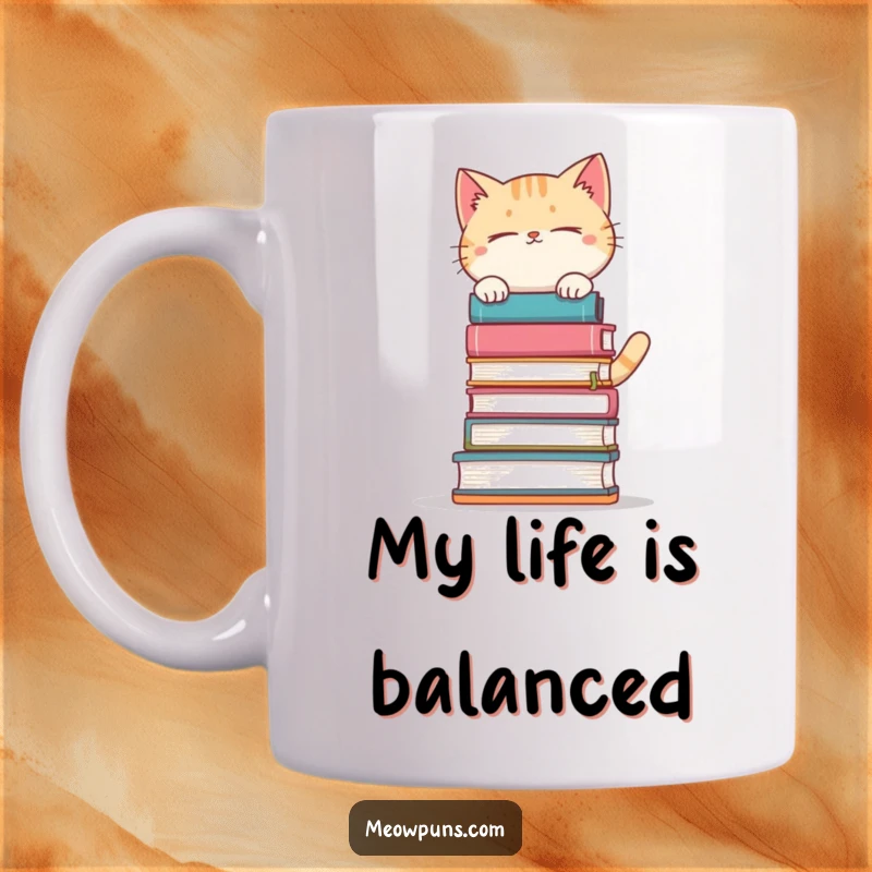Funny cat wobbling while balancing a tall stack of books on a mug, celebrating feline curiosity and humor.