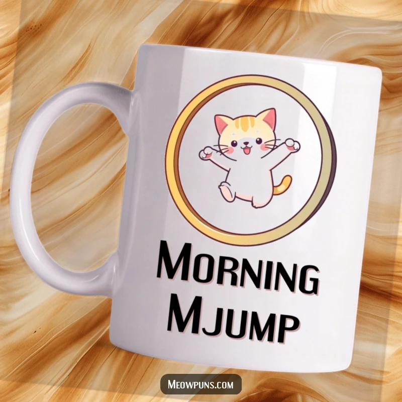 Funny mug with a cat leaping through a stylized 'M' hoop, showcasing feline agility and playful spirit.