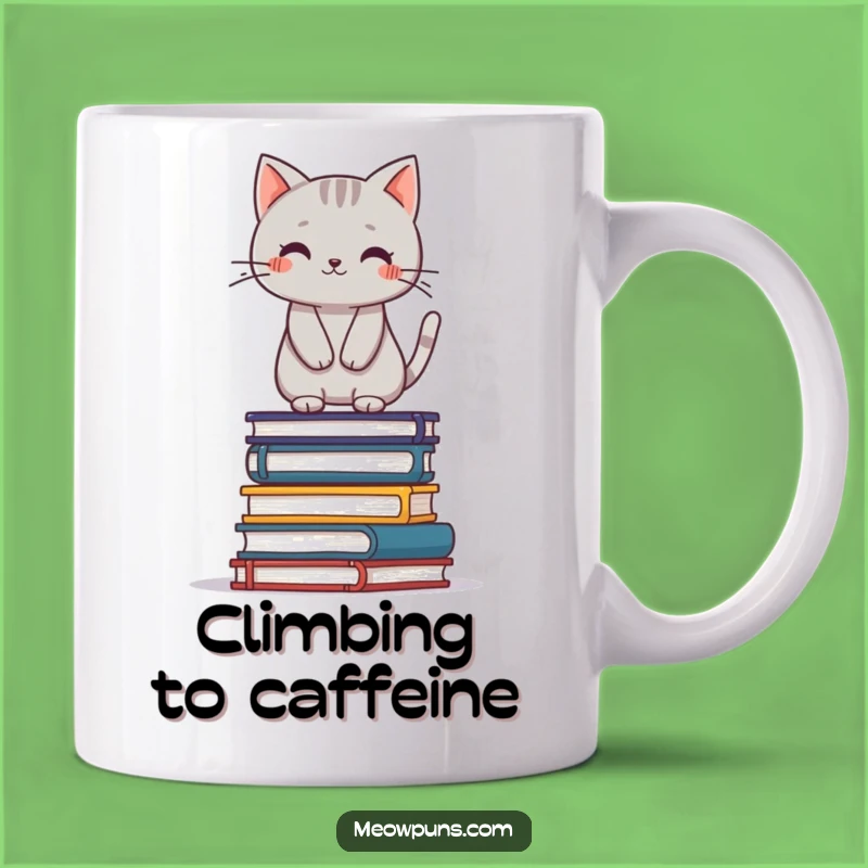 Funny Cat Books Mug: Cute Grey Cat Balancing, Hilarious Reader Gift