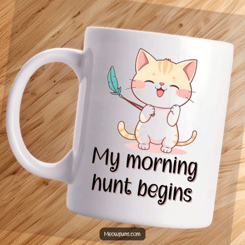Funny mug showing a cute cat character enthusiastically batting at a feather wand, captured mid-playful pounce.