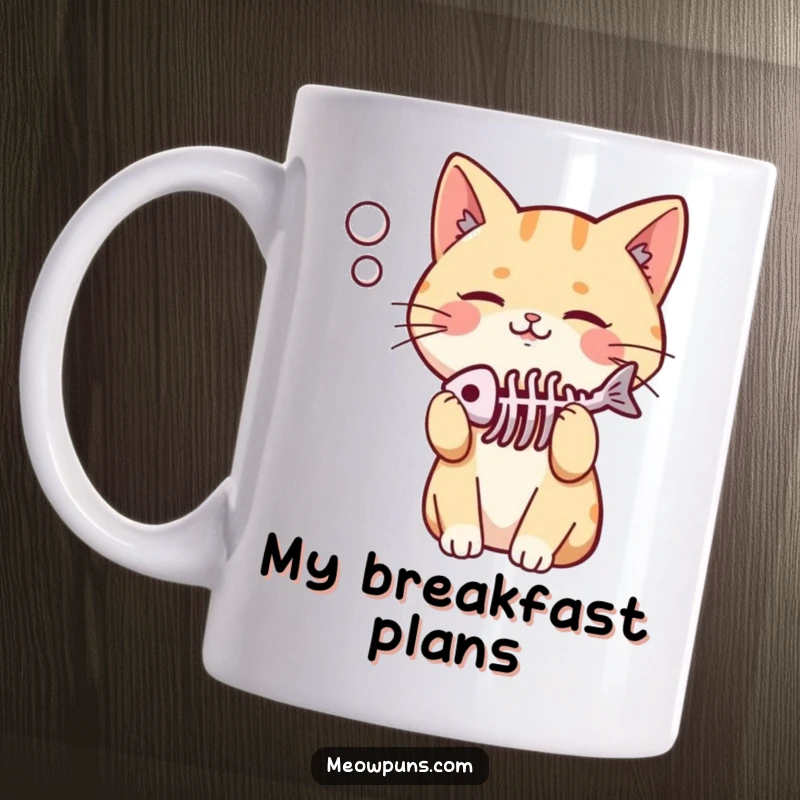 Funny mug with a cute cat looking pleased, its thought bubble revealing a fish skeleton, hinting at a successful hunt.