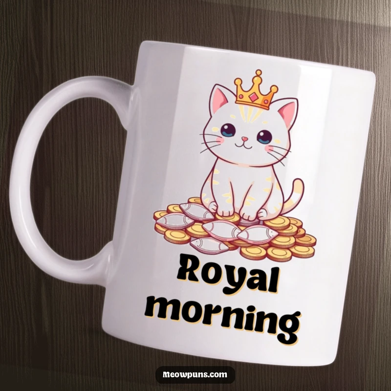 Funny mug showing a cat wearing a tiny crown, sitting regally on a pile of fish-shaped coins, representing feline luxury.