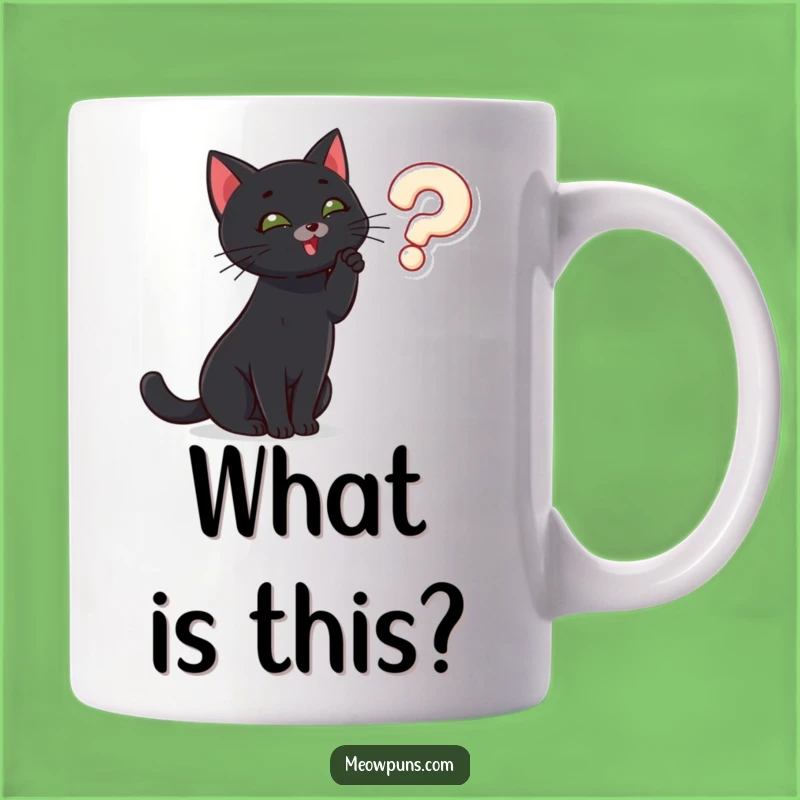 Funny Cat Mystery Mug: Black Cat Pondering Question Mark, Humorous Gift