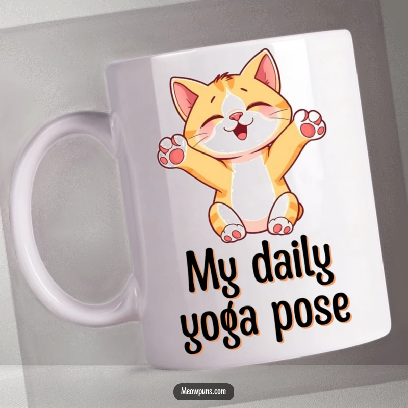 Funny Cat Stretching Mug, showing a content cat with paws up in the air, embodying pure relaxation and joy.