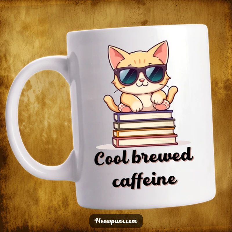 Funny mug showcasing a cool cat wearing sunglasses, relaxing on a stack of books, exuding effortless calm and style.