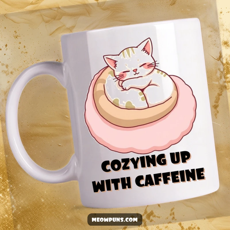 Funny cat mug showing a content cat curled up asleep on a large, plush letter, emitting a sense of peace.