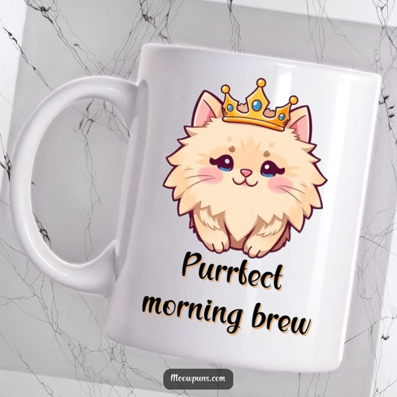 Funny fluffy cat character regal in a golden crown, exuding charm and humor on this mug.