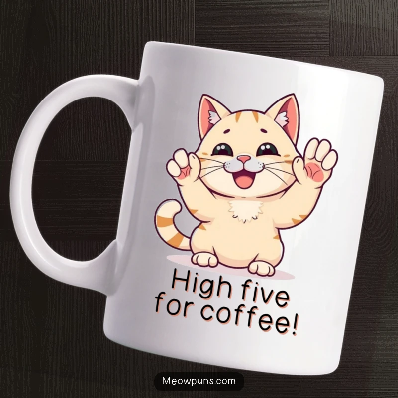 Funny High Five Cat Mug: A happy cat is giving a high five, symbolizing celebration and humorous accomplishment.