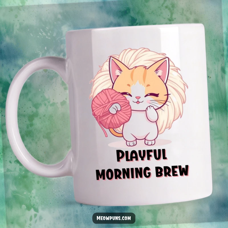 Funny mug featuring a playful cat batting at a giant, fuzzy yarn pom-pom, capturing pure feline joy and mischief.
