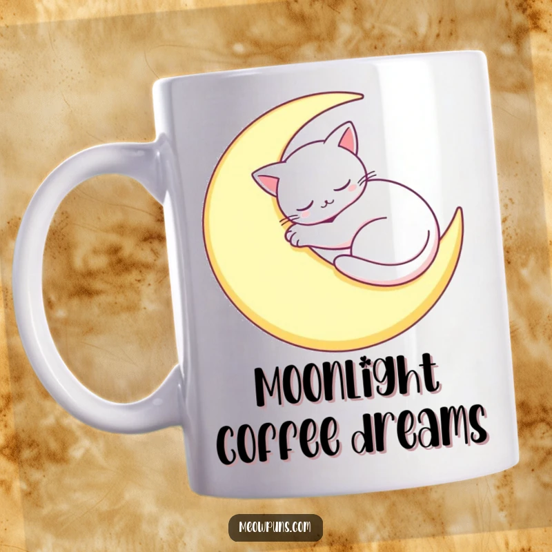 Funny Sleepy Cat Moon Mug: A cat is curled up asleep on a crescent moon, depicting peaceful and humorous rest.