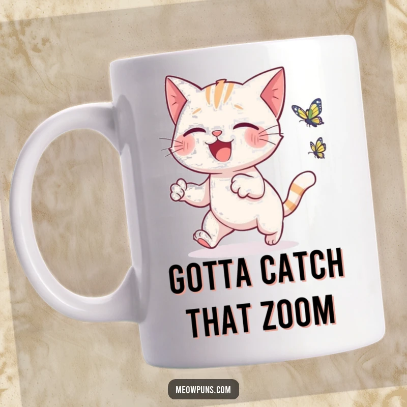 Funny cat mug showing a happy cat leaping playfully to catch a small, animated butterfly in mid-air.