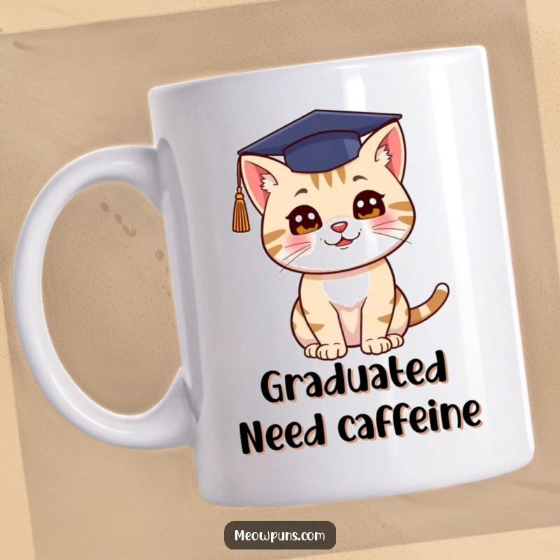 Funny mug featuring a cat wearing a graduation cap and joyfully throwing it in the air.