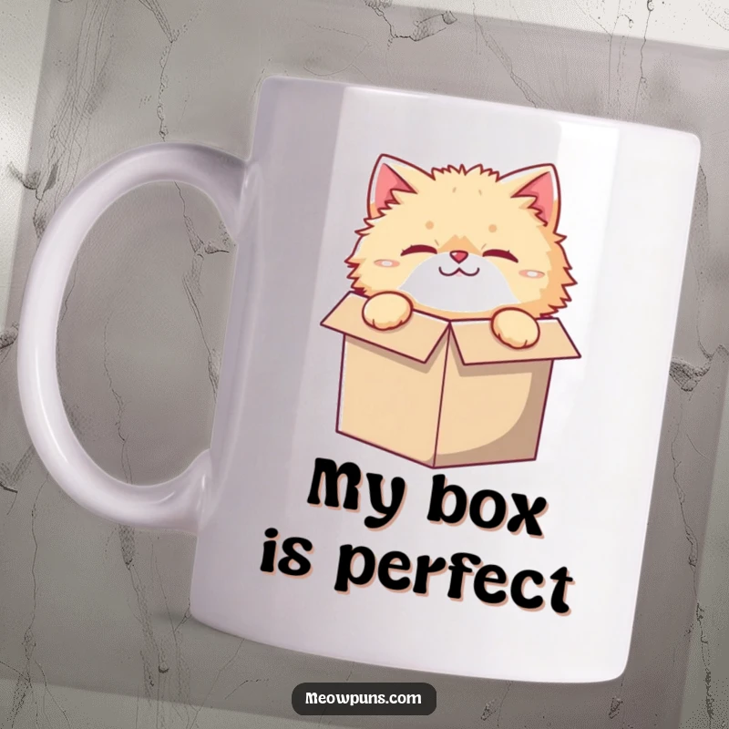Funny mug with a fluffy cat character, curiously peeking out of a ridiculously small box, a humorous gift for cat lovers.