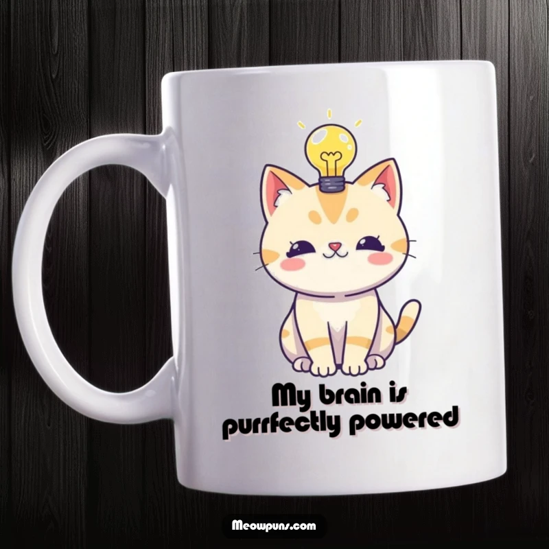 Funny mug featuring a curious cat with a glowing lightbulb above its head, symbolizing a sudden burst of inspiration.