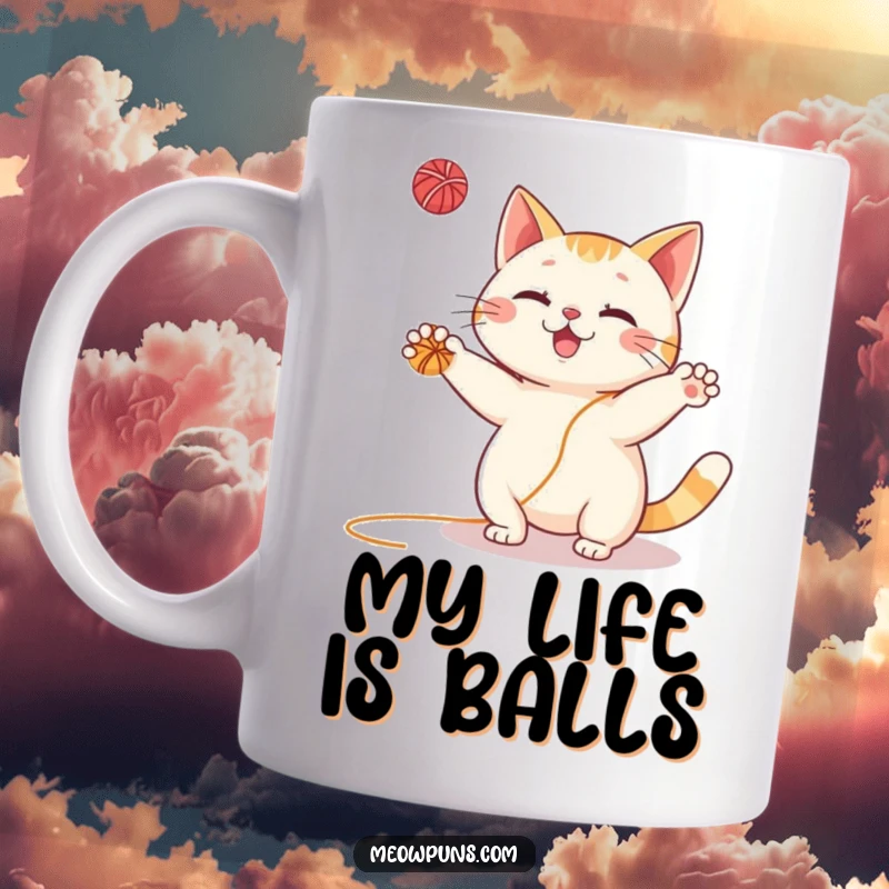 Funny Cat Mug: Excited feline character expertly juggling multiple colorful yarn balls with pure joy and playful energy.