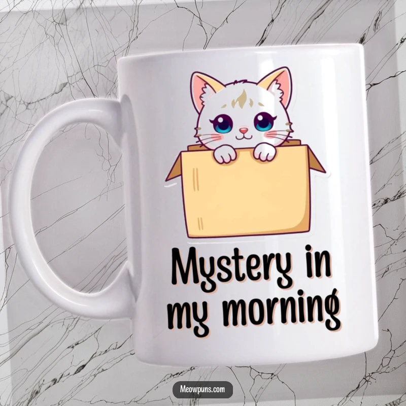 Funny curious cat character peeking mischievously from a cardboard box, captured in a playful moment on this mug.