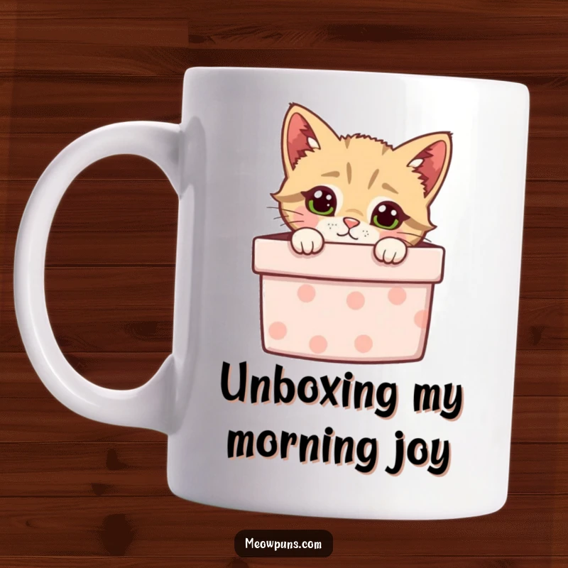 Funny mug featuring a curious cat peeking out from a festive gift box, conveying playful mischief.