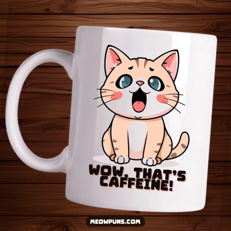 Funny Astonished Cat Mug: A cat looks shocked with a giant exclamation mark, conveying surprise and humor.