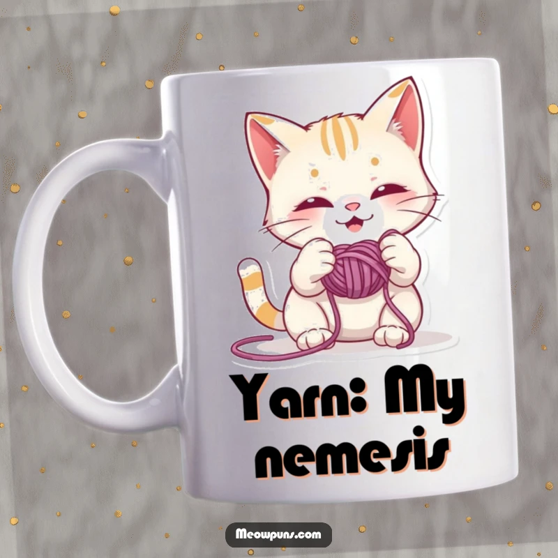 Funny mug showcasing a naughty cat character gleefully playing with a tangled ball of colorful yarn, embodying playful feline energy.