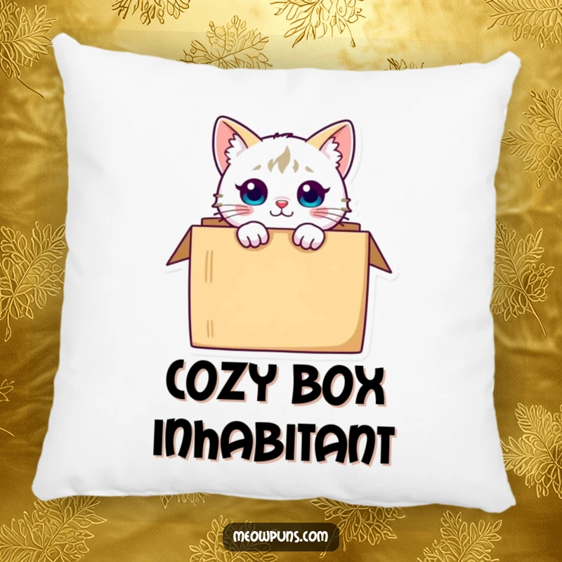 Funny curious cat character peeking from a box, providing soft comfort and playful humor on this plush pillow.