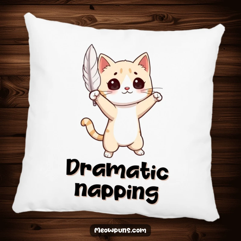 Funny Cat Pillow: Plush cushion featuring a graceful cat in a dramatic pose with a floating feather, offering comfort and elegance.