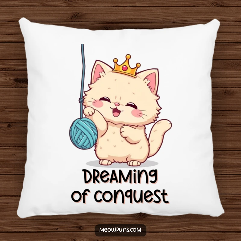 Funny cat pillow featuring a fluffy cat in a crown, batting a yarn ball with joyful abandon, offering cozy humor and royal feline charm.