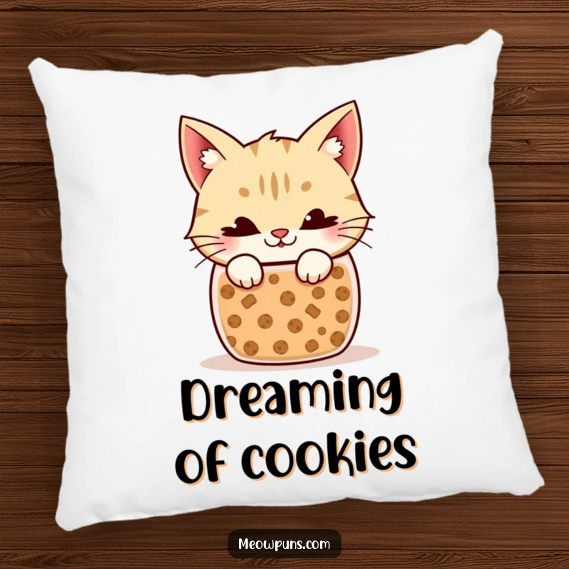 Funny Cat Pillow: Plush cushion featuring a sneaky cat peeking out of a cookie jar, offering comfort and a chuckle.