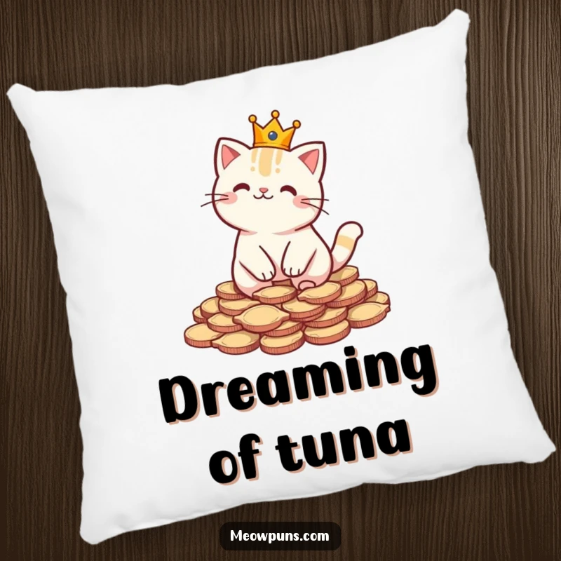 Funny pillow design of a cat wearing a crown on fish-shaped coins, providing a touch of humorous royal comfort.