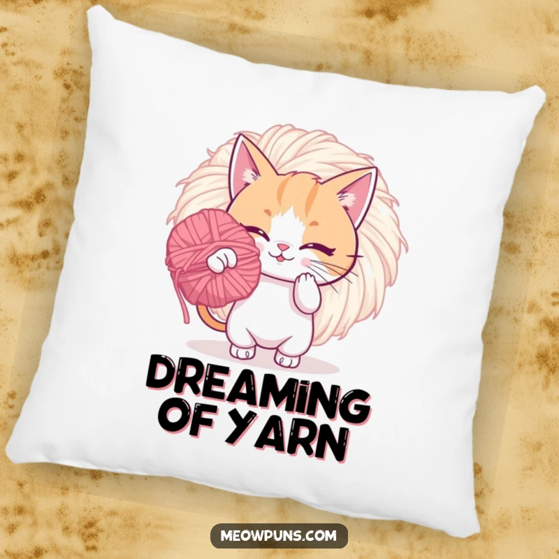Funny plush pillow featuring a playful cat batting a giant, fuzzy yarn pom-pom, perfect for cozying up with feline fun.