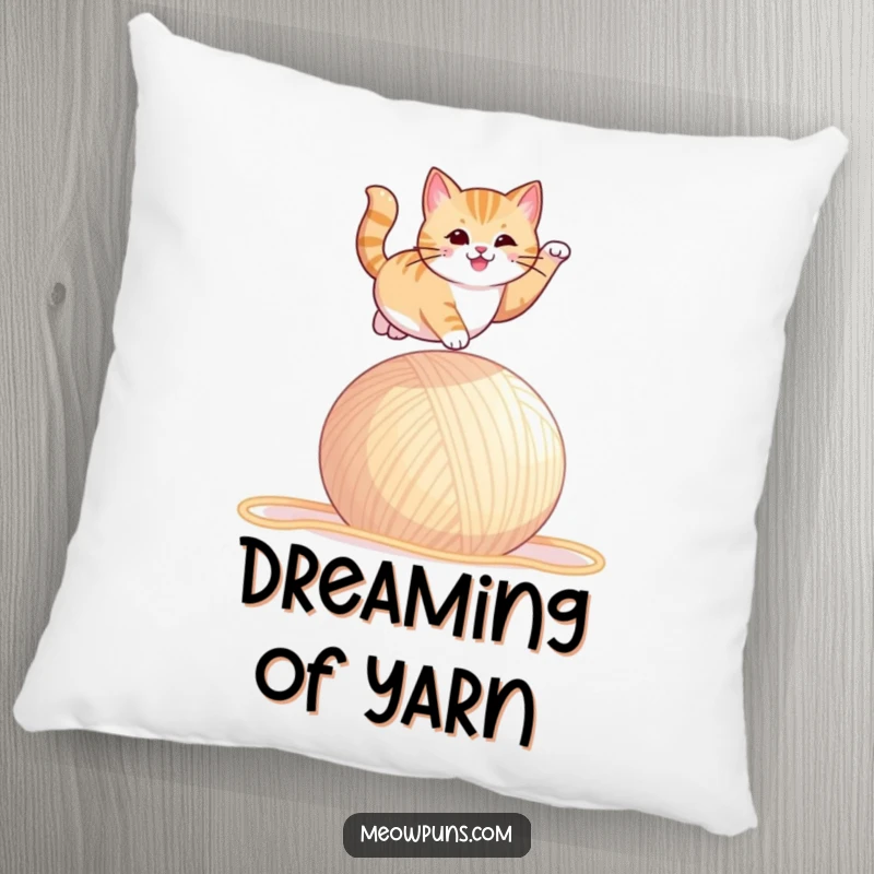 Funny pillow showing a cat mid-leap over a giant ball of yarn, a humorous depiction of playful energy.
