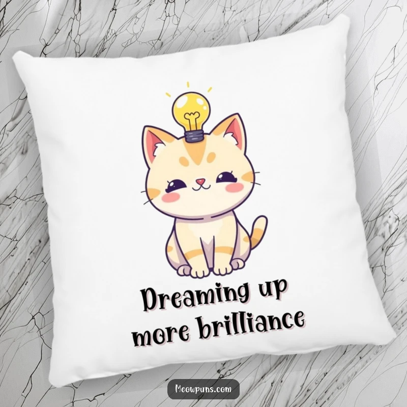 Funny decorative pillow featuring a cat with a lightbulb, perfect for adding humor and comfort to a sofa or bed.