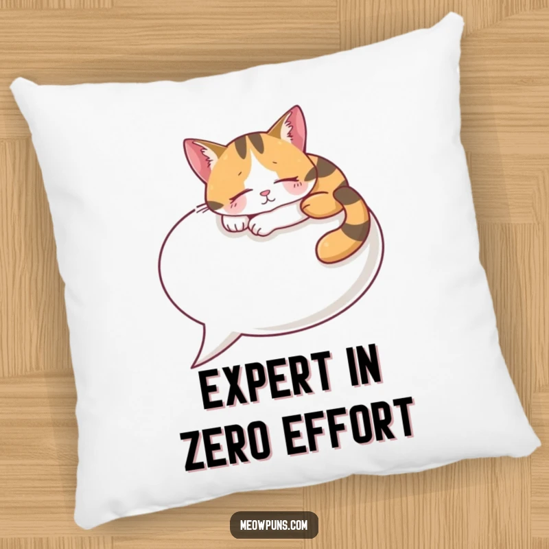 Funny Calico Cat Pillow, a content cat sleeps on a large speech bubble, offering humorous and comfortable decor.