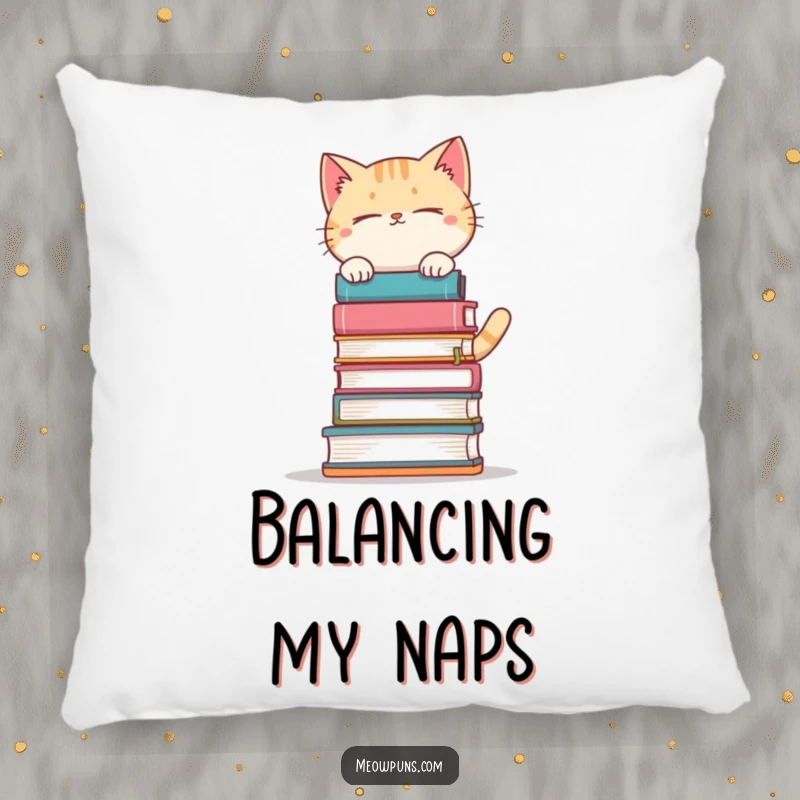 Funny cat balancing a tall stack of books on a pillow, offering cozy comfort and literary humor.