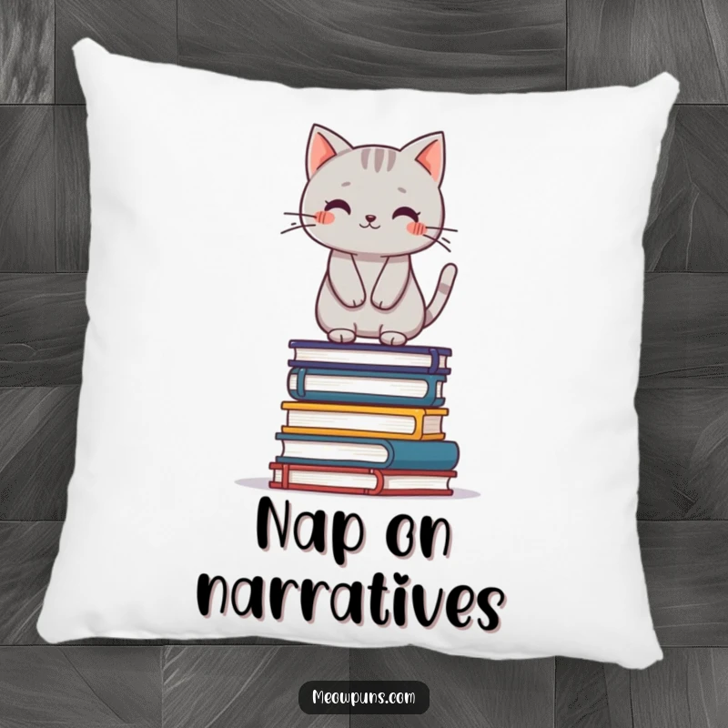 Funny grey cat balancing on a stack of books, depicted on a soft pillow, adding quirky charm to any room.